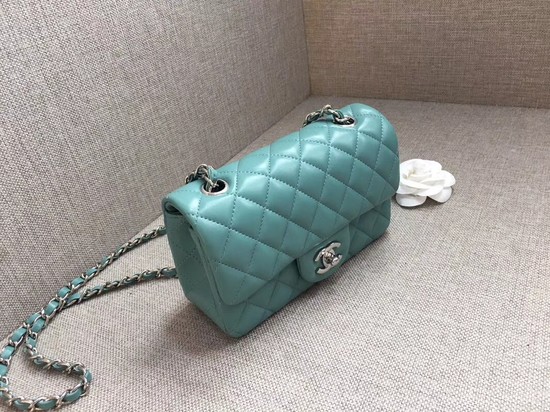 Chanel Classic MINI Flap Bag original Sheepskin Leather A1116 Light blue silver chain