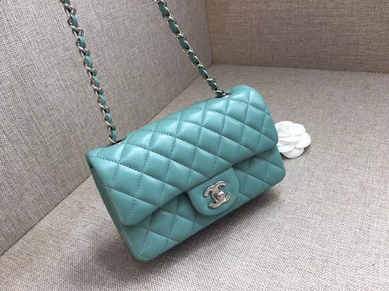 Chanel Classic MINI Flap Bag original Sheepskin Leather A1116 Light blue silver chain