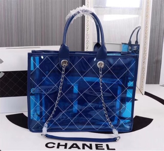 Chanel transparent Calf leather Tote Shopping Bag 8048 blue