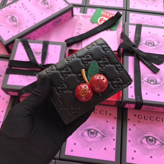 Gucci Signature card case with cherries 476050 Black