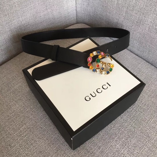 Gucci Leather belt with crystal Double G buckle 513183 black