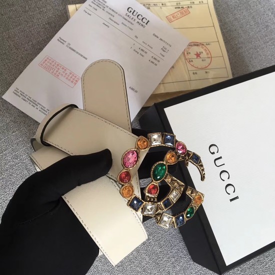 Gucci Leather belt with crystal Double G buckle 513184 white