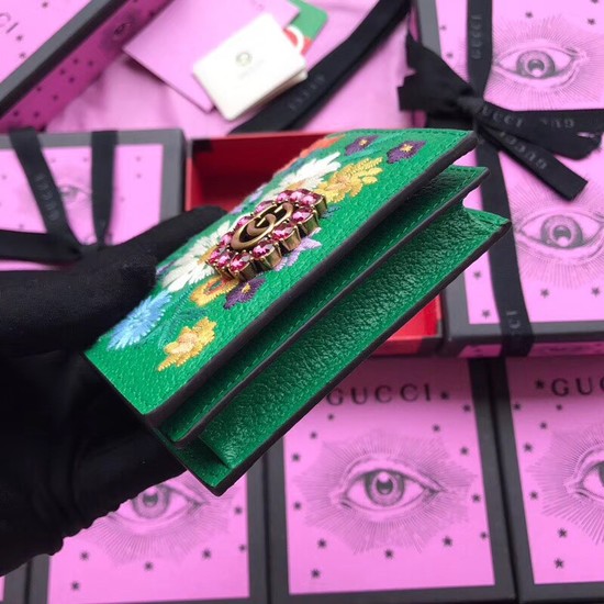 Gucci Leather card case with Double G and crystals 499311 Green