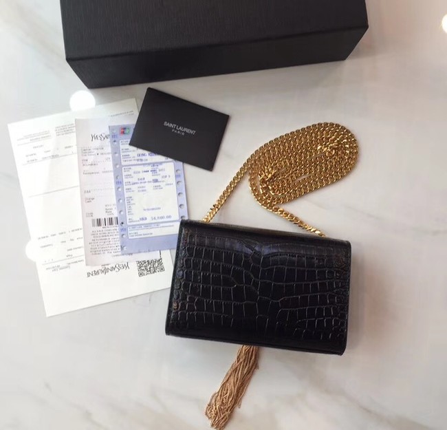 SAINT LAURENT Monogram Kate small crocodile-embossed leather shoulder bag 354120 Black