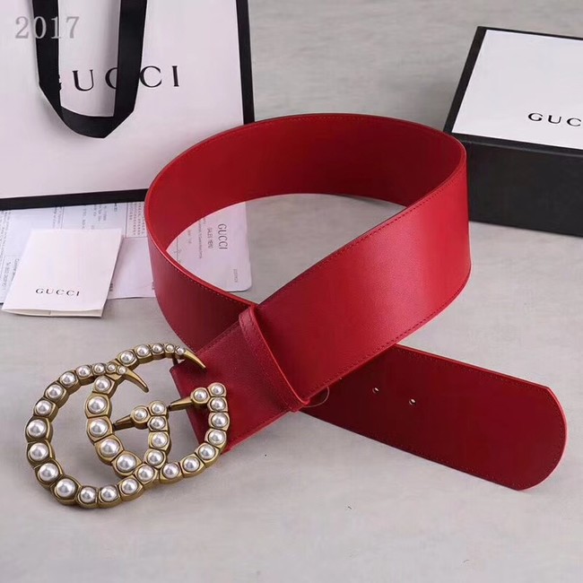 Gucci Wide leather belt with pearl Double G 453261 red