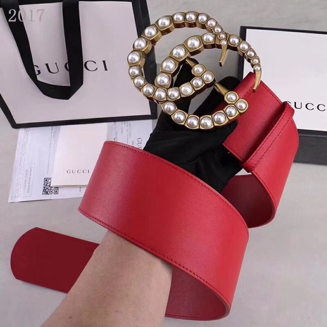 Gucci Wide leather belt with pearl Double G 453261 red