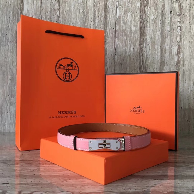 Hermes original epsom leather Kelly belt H069854 pink silver plated metal