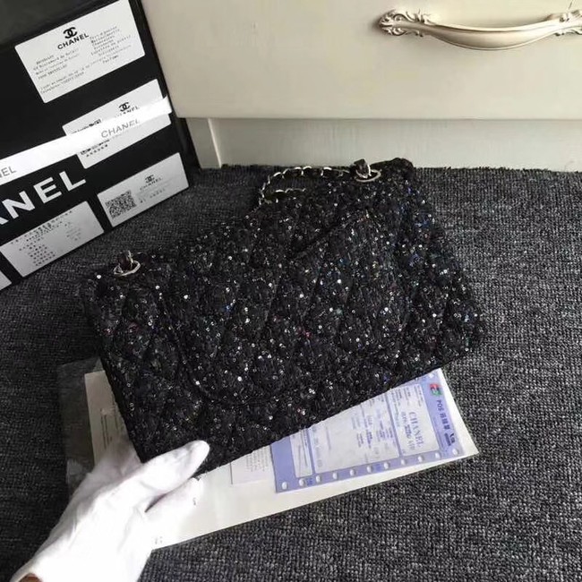 Chanel Classic Handbag Embroidered Tweed & Silver-Tone Metal A01112 Black