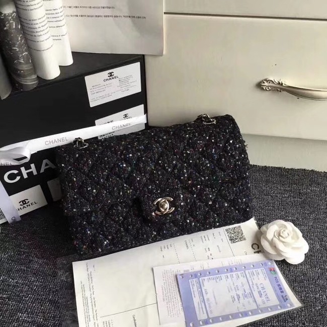 Chanel Classic Handbag Embroidered Tweed & Silver-Tone Metal A01112 Black