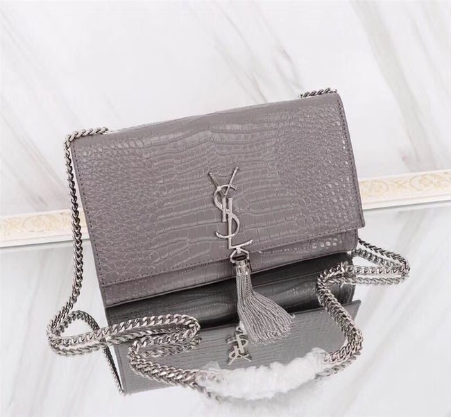 SAINT LAURENT Kate monogram medium crocodile-embossed leather shoulder bag 9288 grey