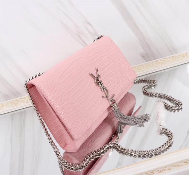 SAINT LAURENT Kate monogram medium crocodile-embossed leather shoulder bag 9288 pink