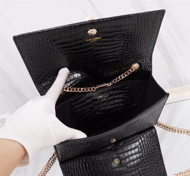 SAINT LAURENT Kate monogram medium crocodile-embossed leather shoulder bag A9288 black