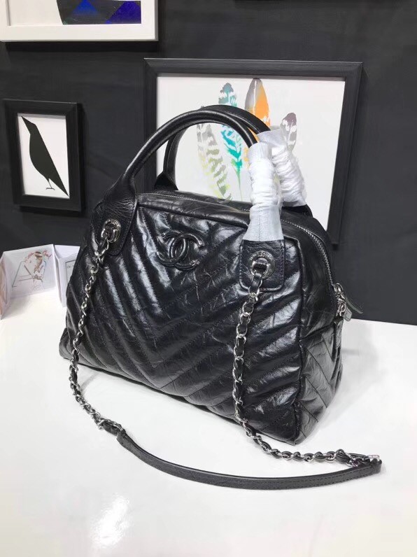 Chanel Bowling Bag Aged Calfskin & Silver-Tone Metal A57836 Black