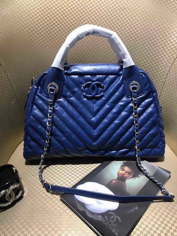 Chanel Bowling Bag Aged Calfskin & Silver-Tone Metal A57837 Blue