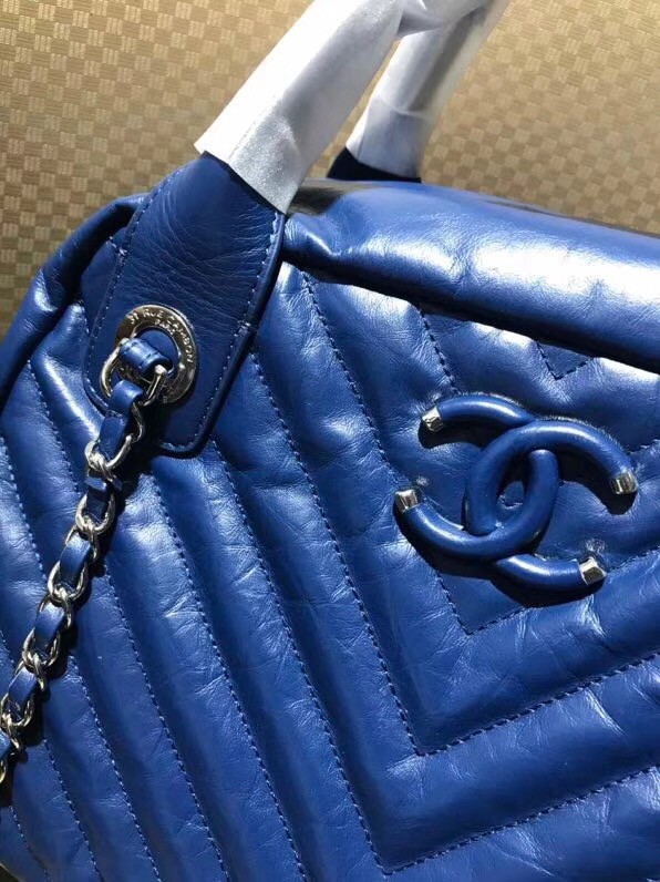 Chanel Bowling Bag Aged Calfskin & Silver-Tone Metal A57837 Blue