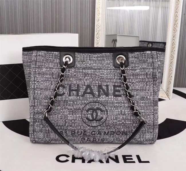 Chanel Canvas Shopping Bag Calfskin & Silver-Tone Metal A23556 grey