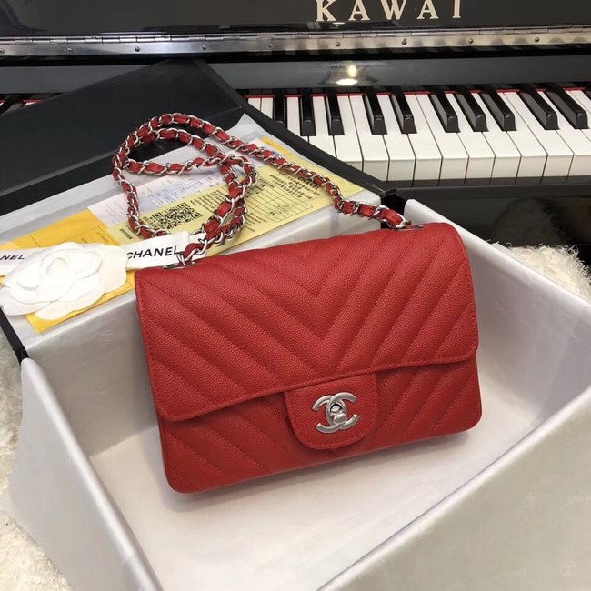 Chanel Small Classic Handbag Grained Calfskin & silver-Tone Metal A69900 red