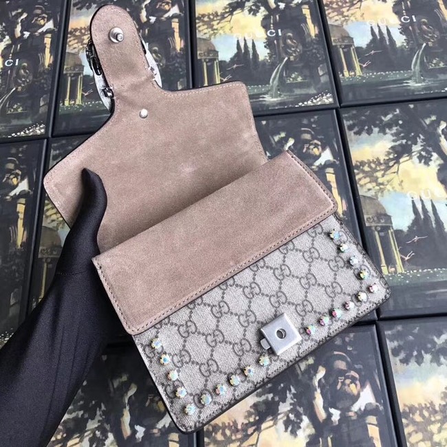 Gucci Dionysus GG Supreme canvas crystal mini bag 421970 apricot