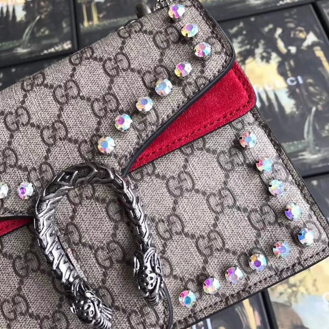 Gucci Dionysus GG Supreme canvas crystal mini bag 421970 red