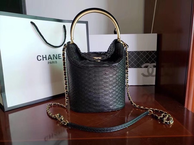 Chanel Bucket Bag Python & Gold-Tone Metal A57861 Black