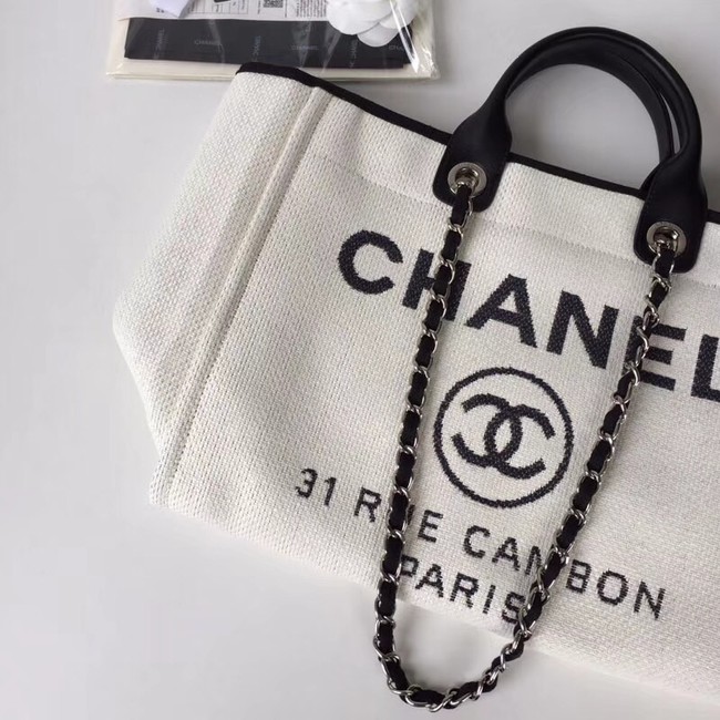 Chanel Original Tote Shopping Bag Canvas Calfskin & Silver-Tone Metal 92298 white