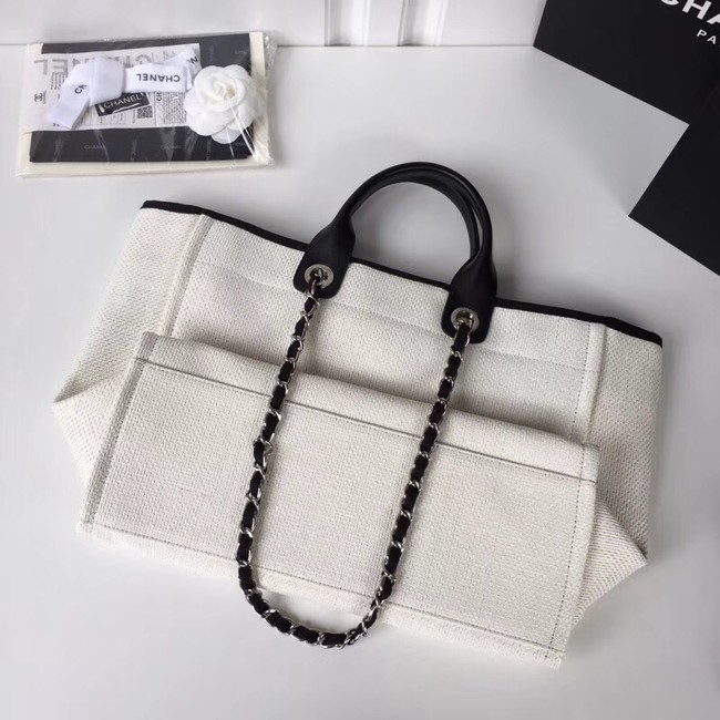 Chanel Original Tote Shopping Bag Canvas Calfskin & Silver-Tone Metal 92298 white