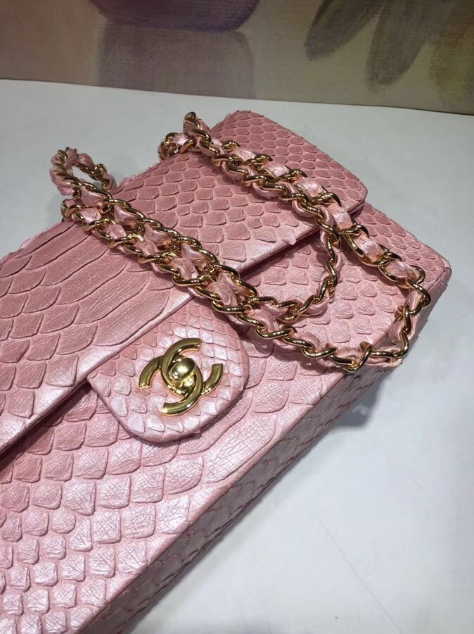 Chanel Classic Handbag Python & Gold-Tone Metal A01112 pink