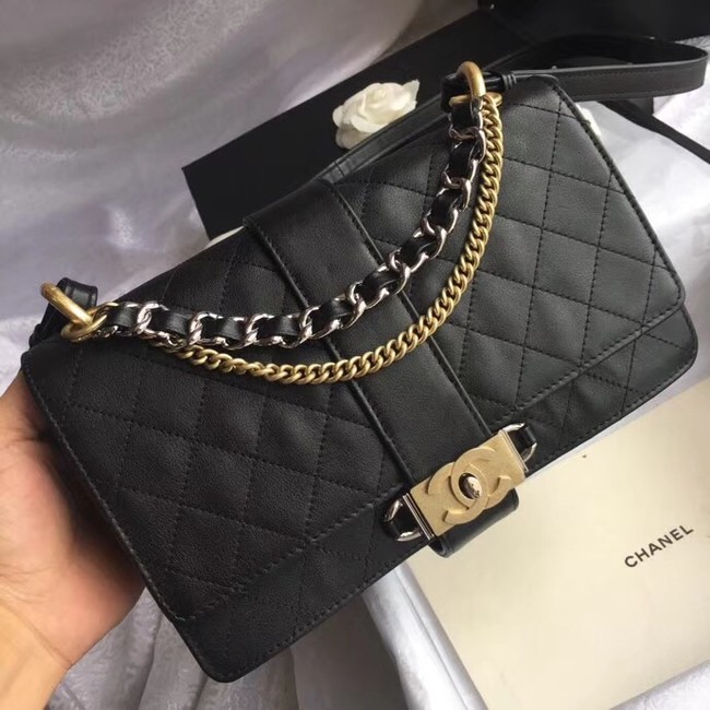 Chanel Flap Bag Calfskin Ruthenium-Finish & Gold-Tone Metal A57578 Black