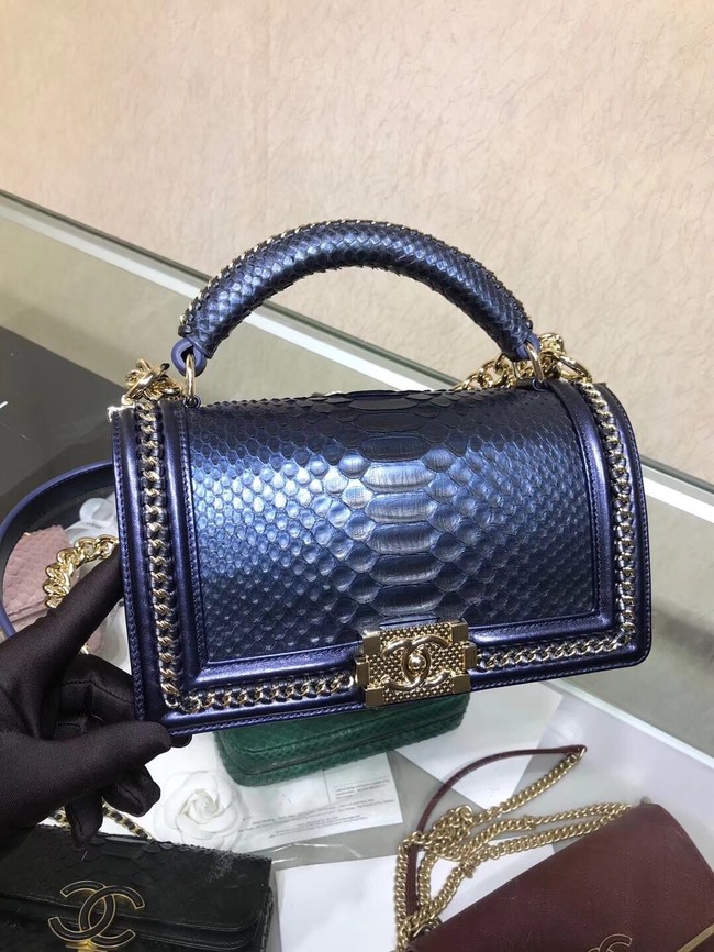 BOY CHANEL Flap Bag with Handle Python & Ruthenium-Finish Metal A94804 blue