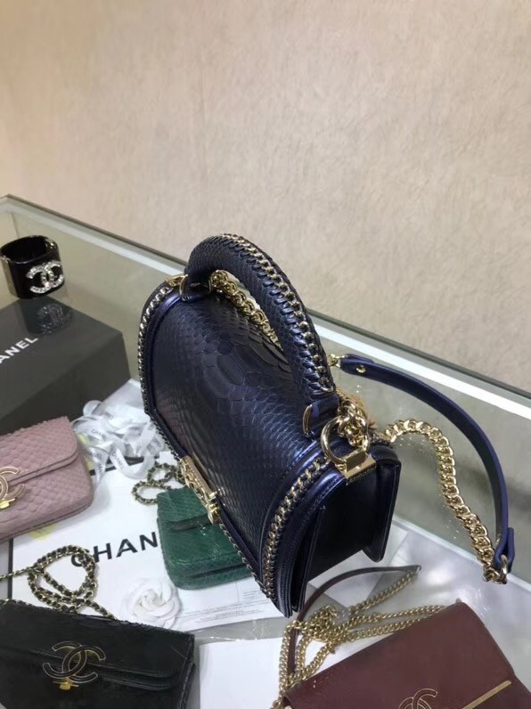 BOY CHANEL Flap Bag with Handle Python & Ruthenium-Finish Metal A94804 blue