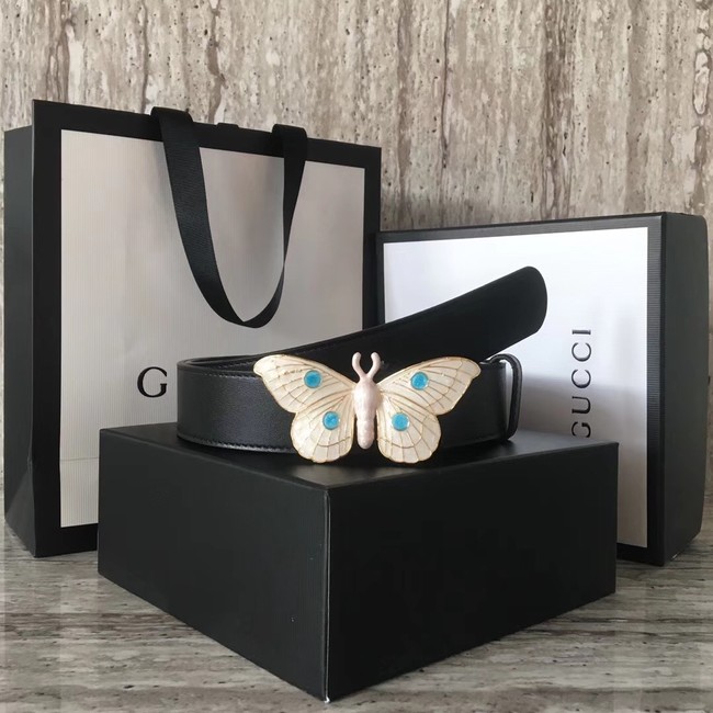 Gucci leather belt with butterfly A409417 Black