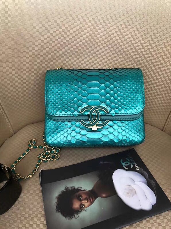 Chanel Original Flap Bag Python, Lambskin & Gold-Tone Metal A57277 green