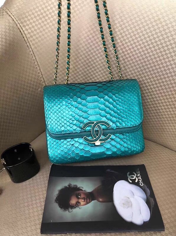 Chanel Original Flap Bag Python, Lambskin & Gold-Tone Metal A57277 green