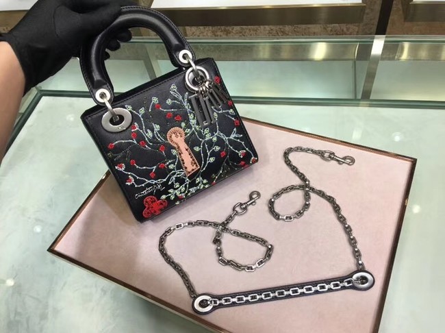 MINI LADY DIOR BAG IN BLACK SMOOTH CALFSKIN EMBROIDERED M920