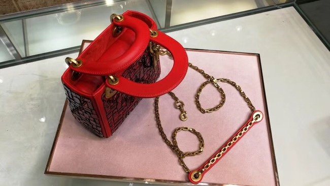 MINI LADY DIOR BAG WITH CHAIN IN RED SMOOTH CALFSKIN EMBROIDERED WITH A MOSAIC OF MIRRORS M0598