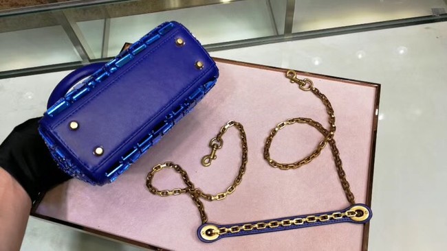 MINI LADY DIOR BAG WITH CHAIN SMOOTH CALFSKIN EMBROIDERED WITH A MOSAIC OF MIRRORS M0598 blue