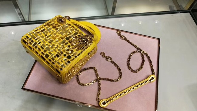 MINI LADY DIOR BAG WITH CHAIN SMOOTH CALFSKIN EMBROIDERED WITH A MOSAIC OF MIRRORS M0598 yellow