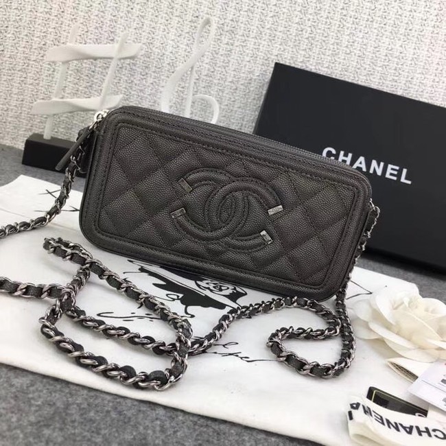 Chanel Classic Clutch with Chain Grained Calfskin & silver-Tone Metal A84450 dark grey