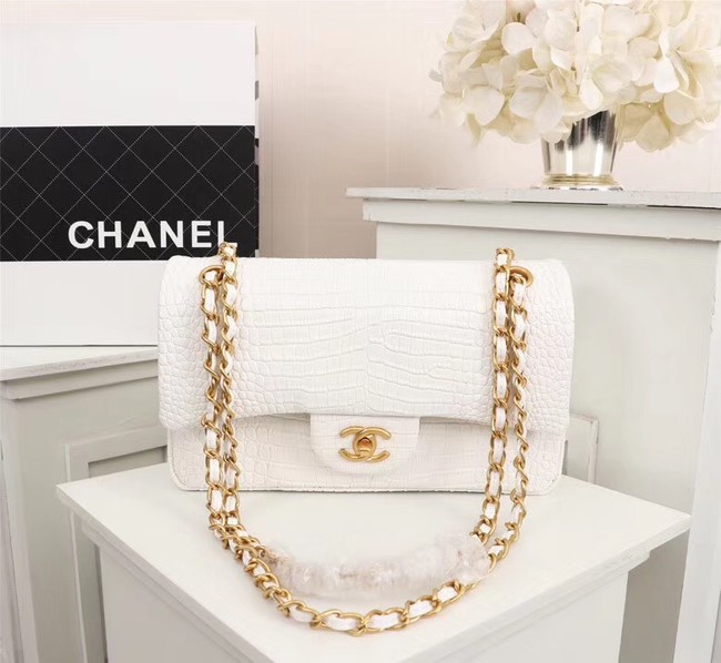 Chanel Classic Handbag Alligator & Gold-Tone Metal A01112 white