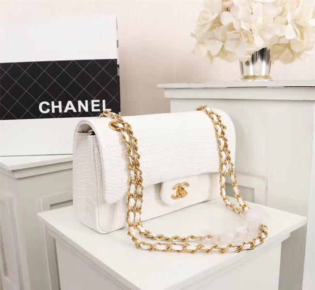 Chanel Classic Handbag Alligator & Gold-Tone Metal A01112 white