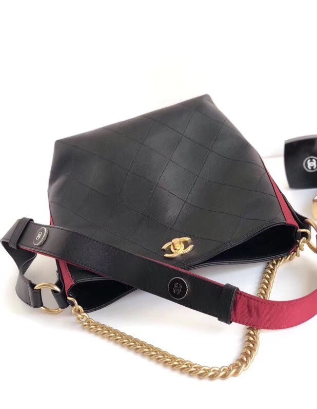 Chanel Hobo Handbag Calfskin Grosgrain & Gold Tone Metal A57576 black