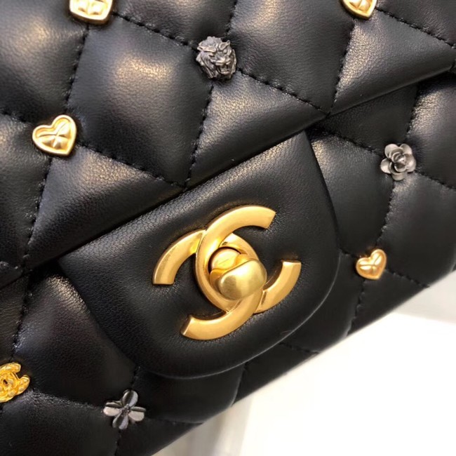 CHANEL Classic Handbag Lambskin Gold-Tone & Ruthenium-Finish Metal A01116 Black