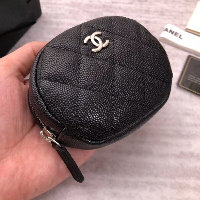 Chanel Coin Purse Metallic Grained Lambskin & Silver-Tone Metal A68995 black