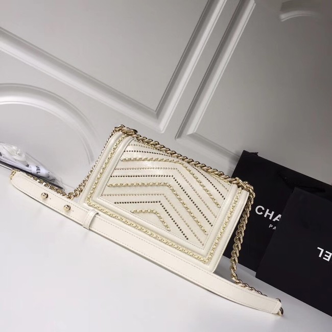 BOY CHANEL Handbag Crumpled Calfskin & Gold-Tone Metal A67086 white