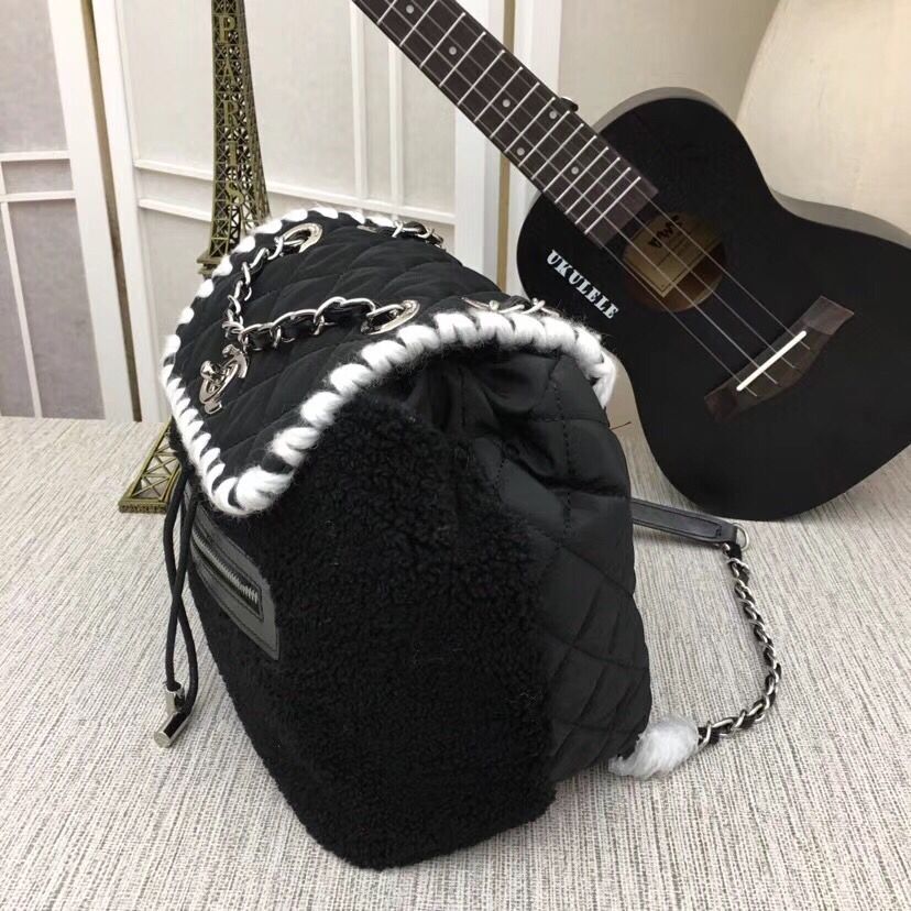 Chanel Rhombus Lamb Wool Suction Rope Backpack C8562 Black