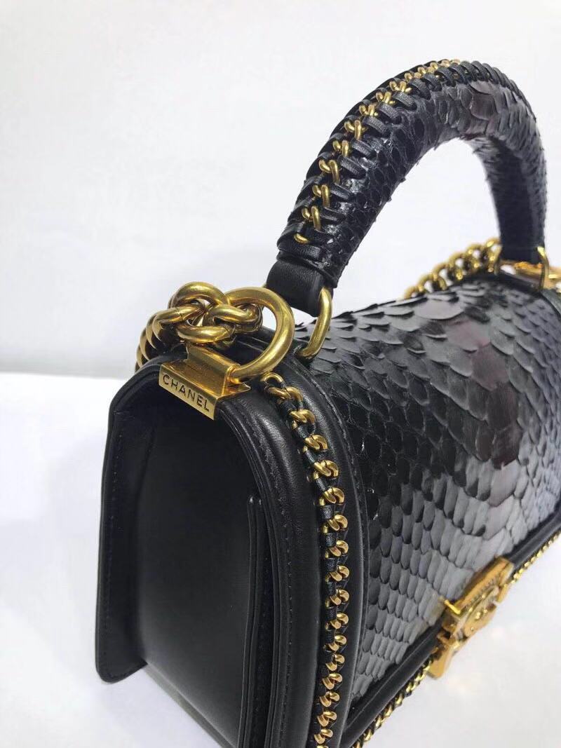 BOY CHANEL Flap Bag with Handle Python & Ruthenium-Finish Metal A94804 black