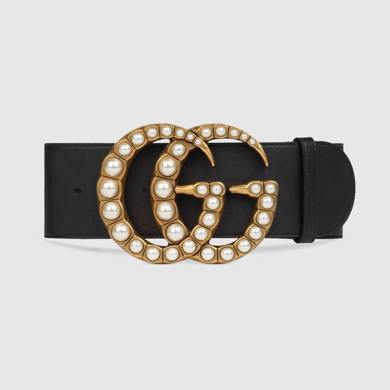 Gucci Wide leather belt with pearl Double G 453261 black