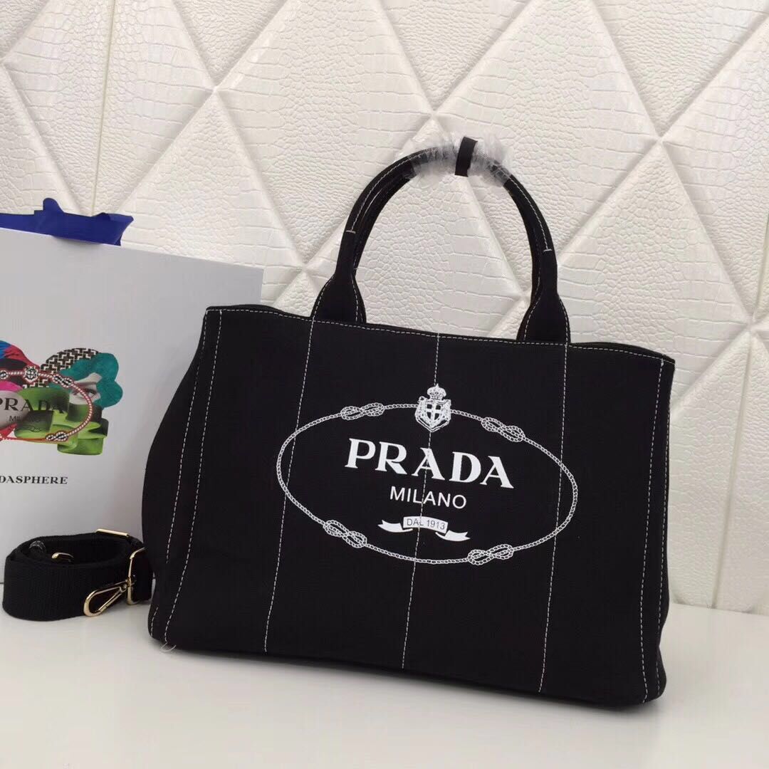 Prada Fabric Printed Tote 1BG438 black