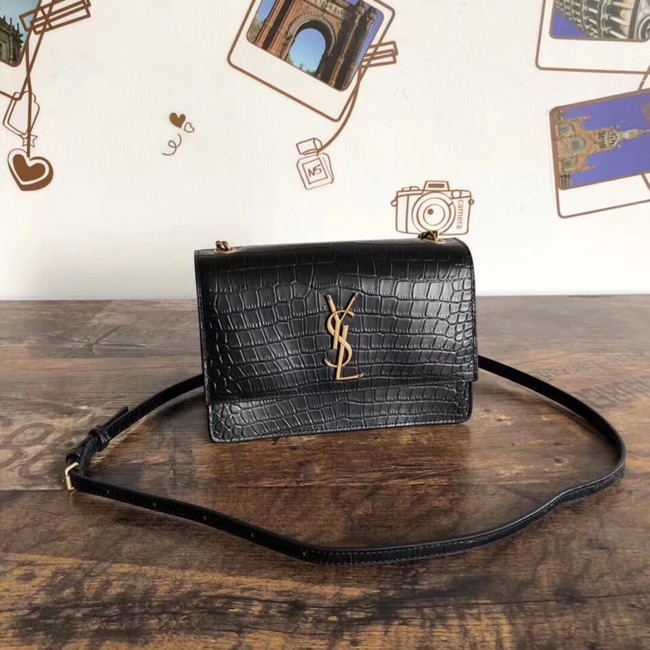 SAINT LAURENT Sunset croc-embossed leather cross-body bag 6781 black