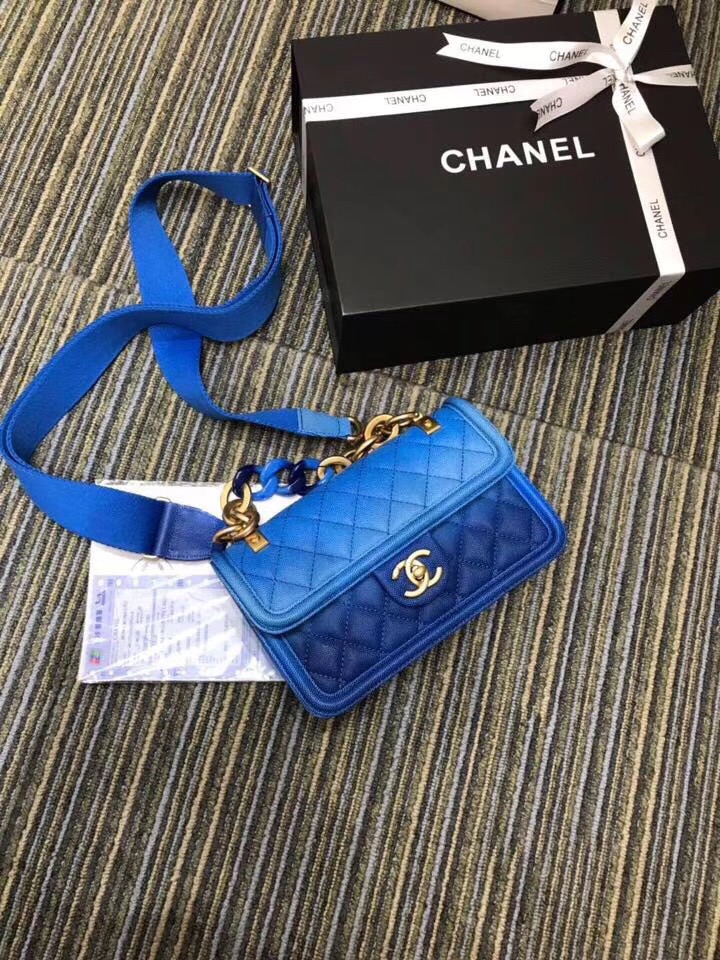 Chanel flap bag Grained Calfskin Resin & Gold-Tone Metal AS0061 blue